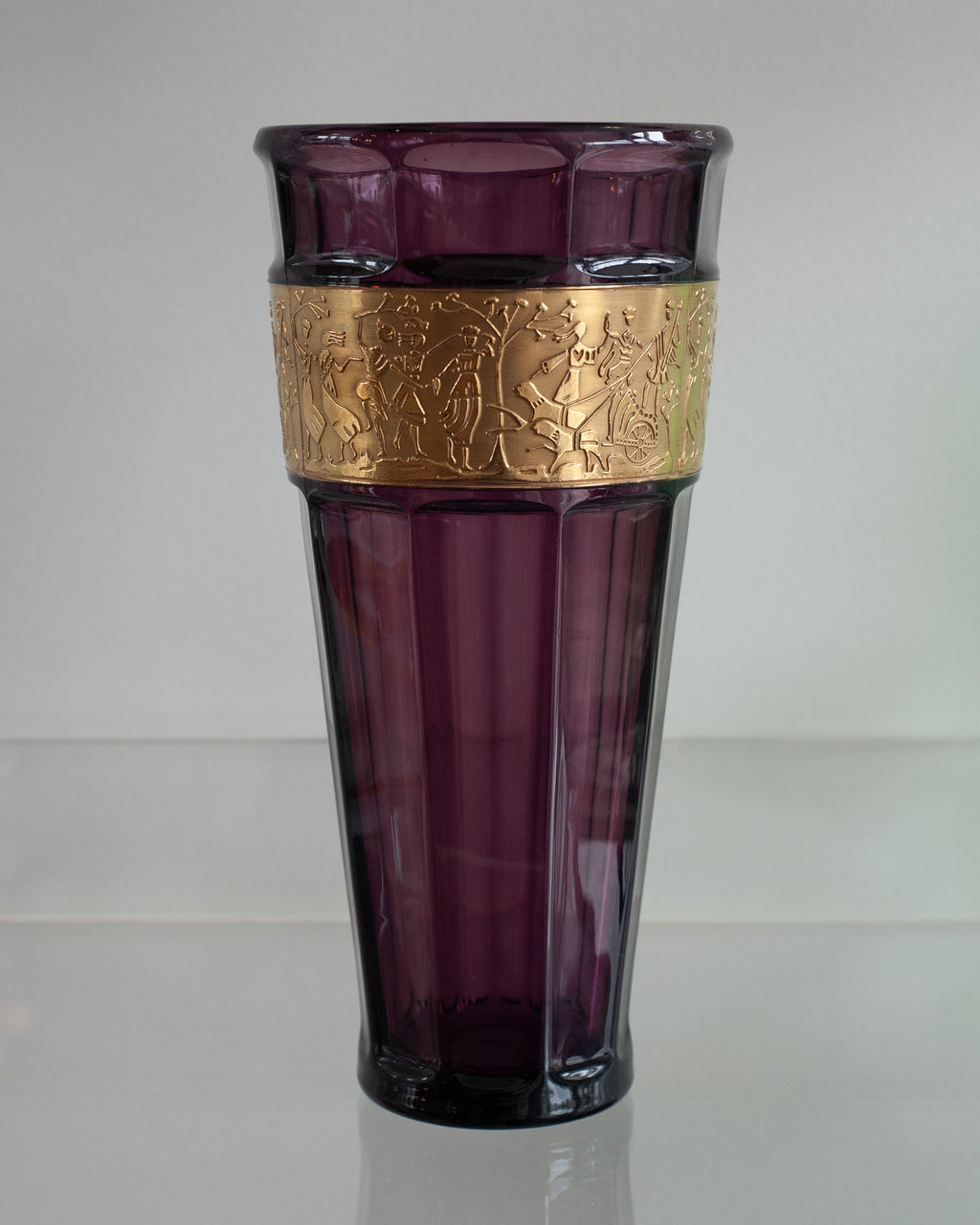 ANTIQUE MOSER AMETHYST VASE WITH GILDED FRIEZE