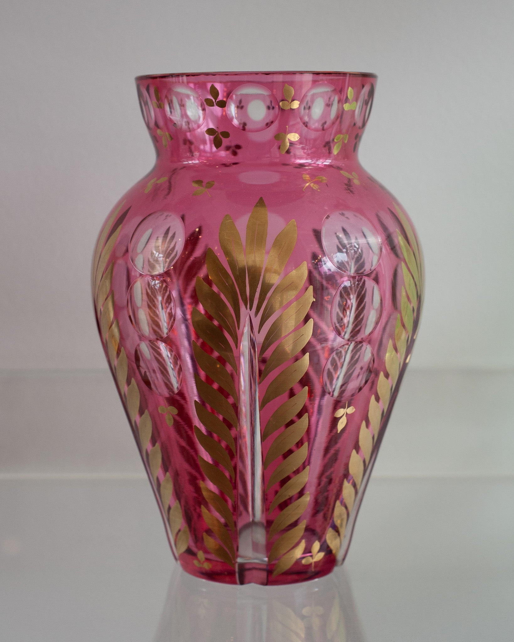 ANTIQUE BOHEMIAN CRANBERRY AND CLEAR CRYSTAL VASE
