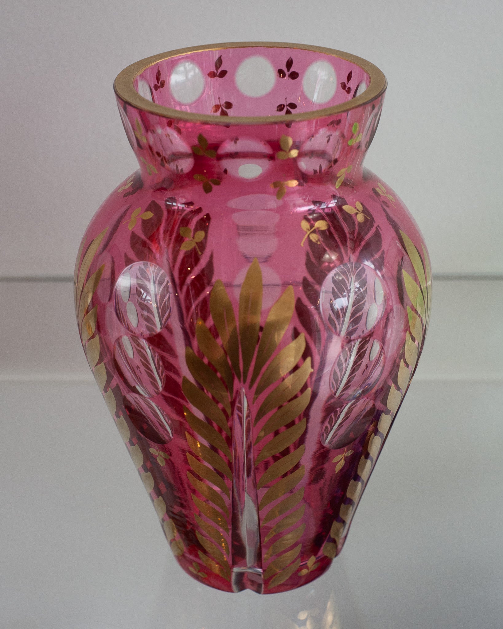 ANTIQUE BOHEMIAN CRANBERRY AND CLEAR CRYSTAL VASE