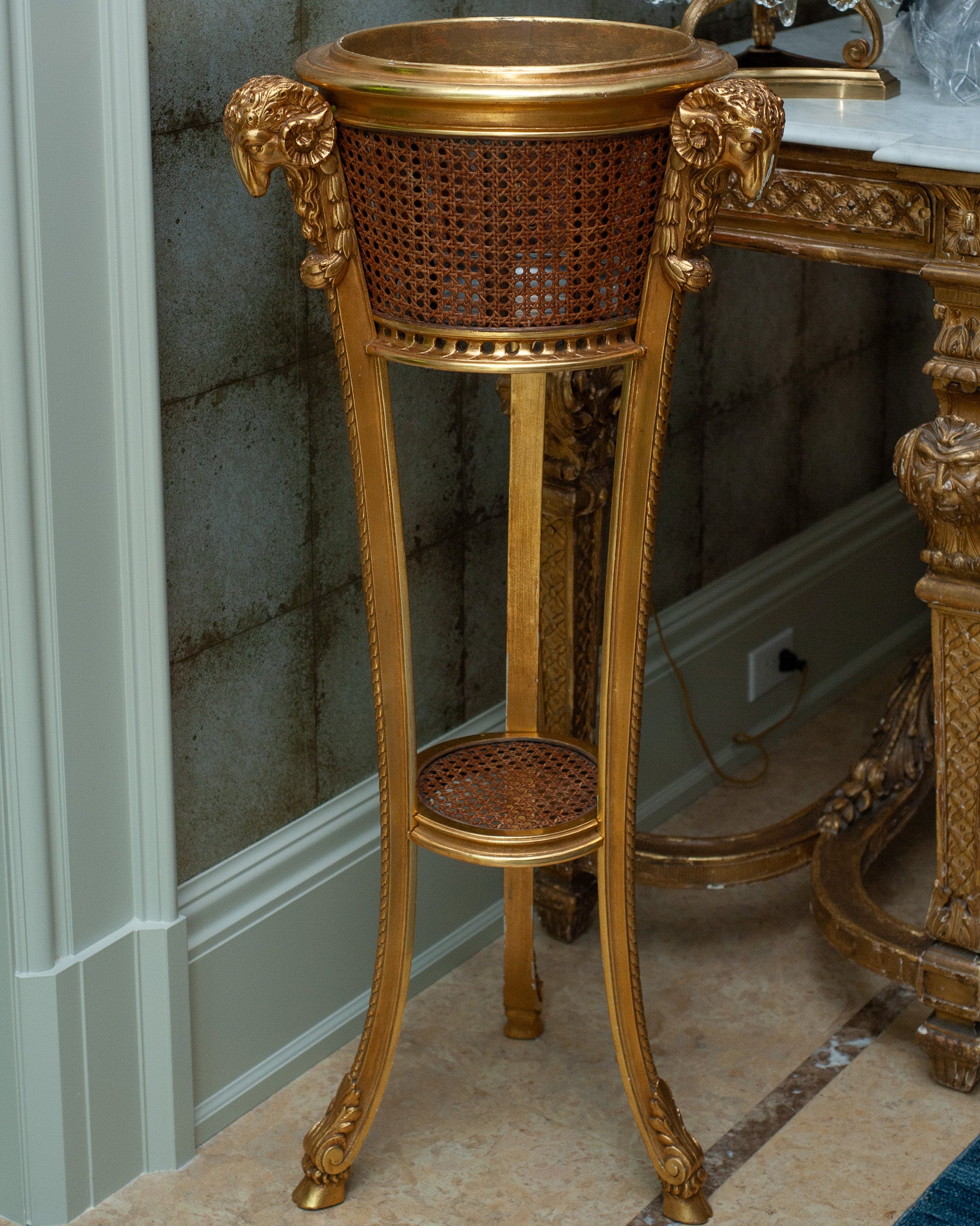 ANTIQUE FRENCH NAPOLEON III GILTWOOD AND CAN WEBBING PLANT STAND / JARDINIERE