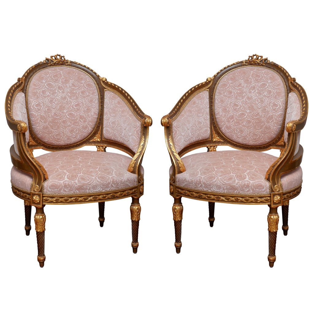 ANTIQUE PAIR OF FRENCH ARMCHAIRS FULLY REUPHOLSTERED IN ROSE PINK SILK VELVETS