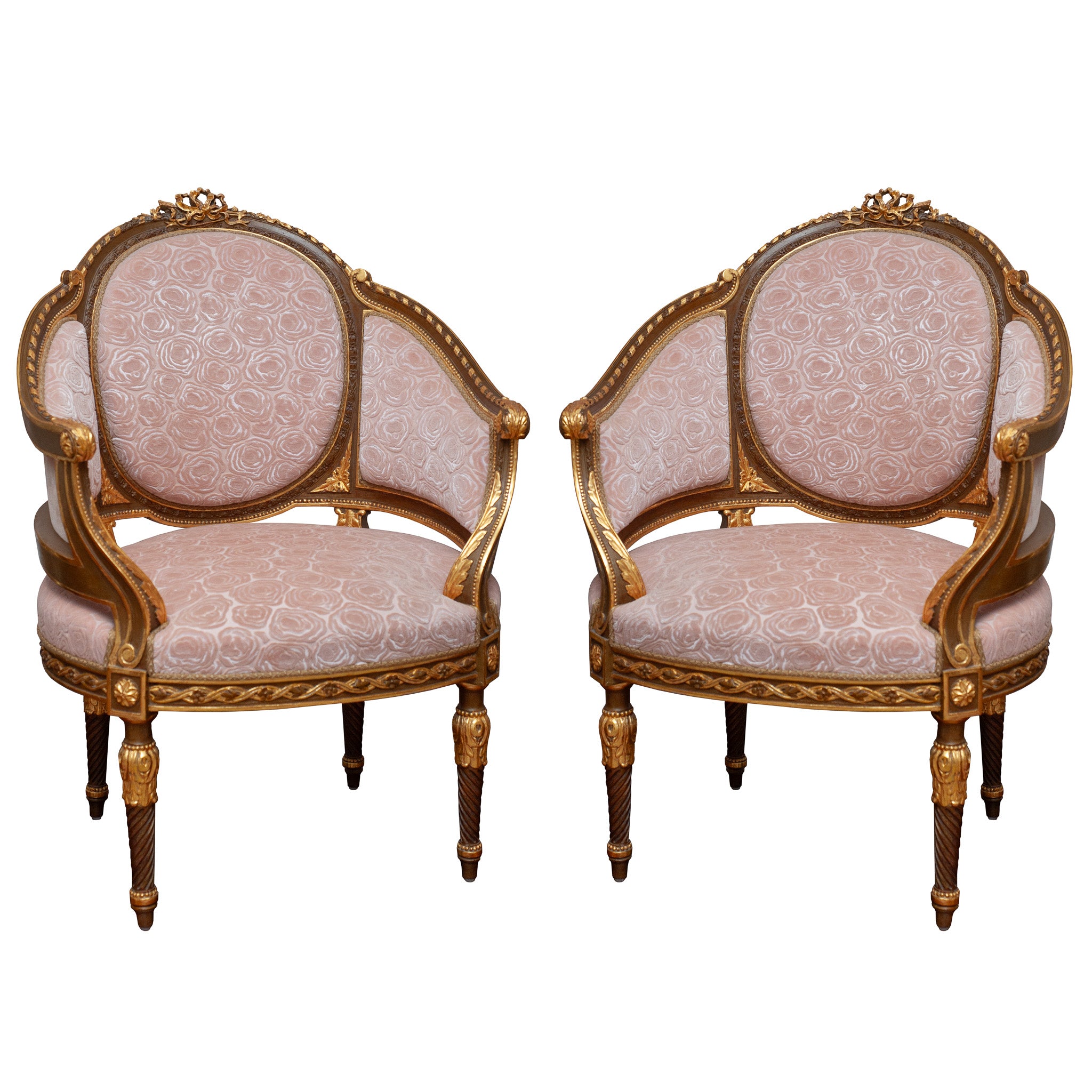ANTIQUE PAIR OF FRENCH ARMCHAIRS FULLY REUPHOLSTERED IN ROSE PINK SILK VELVETS