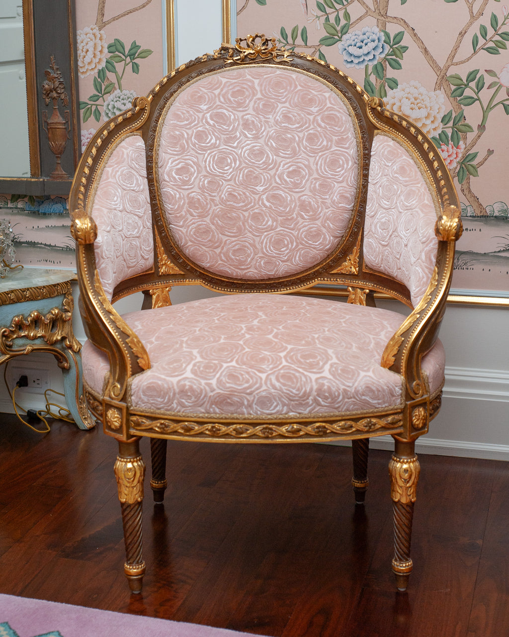 ANTIQUE PAIR OF FRENCH ARMCHAIRS FULLY REUPHOLSTERED IN ROSE PINK SILK VELVETS