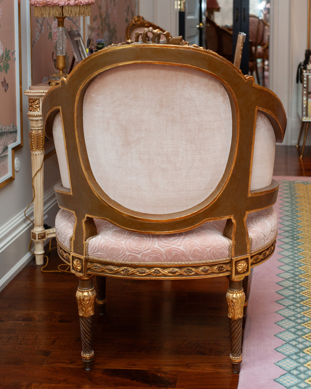 ANTIQUE PAIR OF FRENCH ARMCHAIRS FULLY REUPHOLSTERED IN ROSE PINK SILK VELVETS