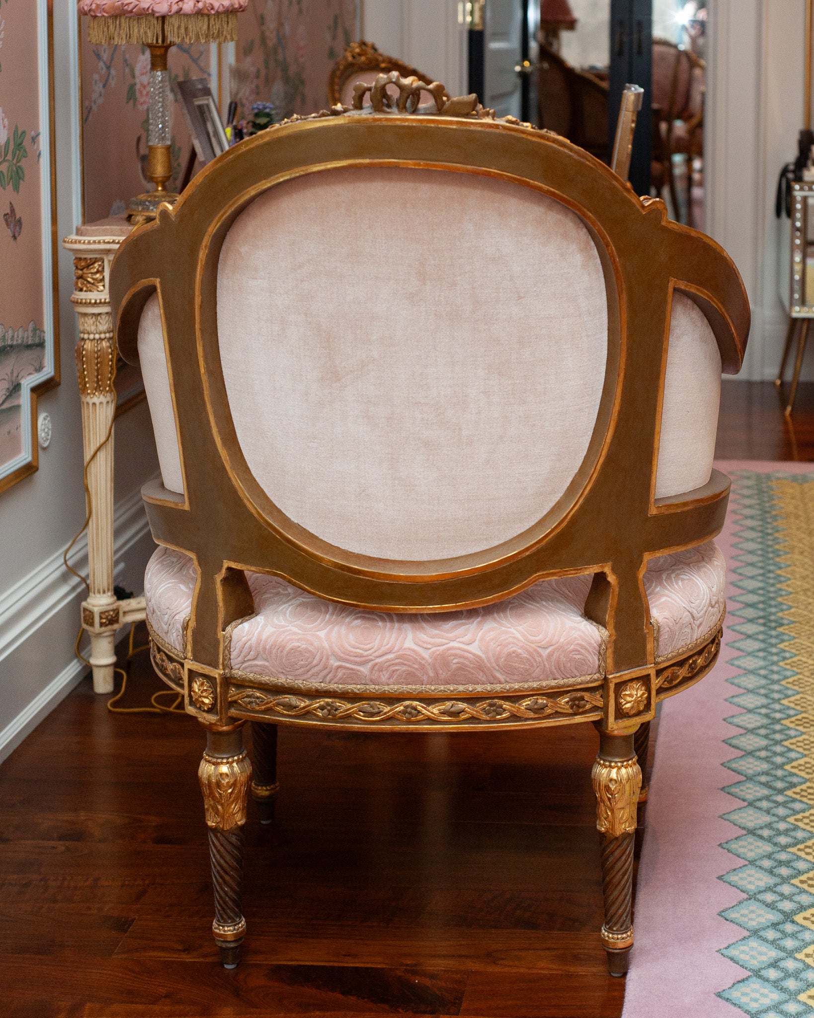 ANTIQUE PAIR OF FRENCH ARMCHAIRS FULLY REUPHOLSTERED IN ROSE PINK SILK VELVETS