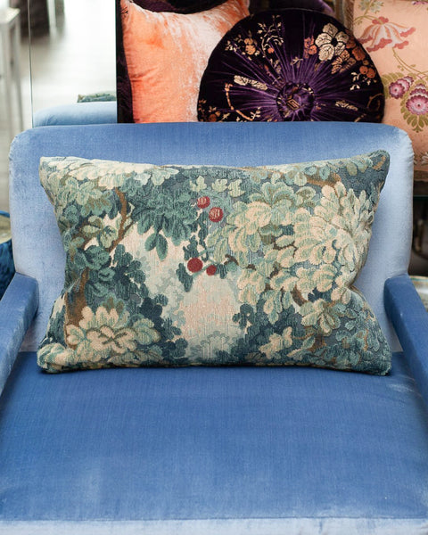 STUDIO MAISON NURITA COLONY "MARLY" BLUE LINEN VELVET VEDURE TAPESTRY PILLOW