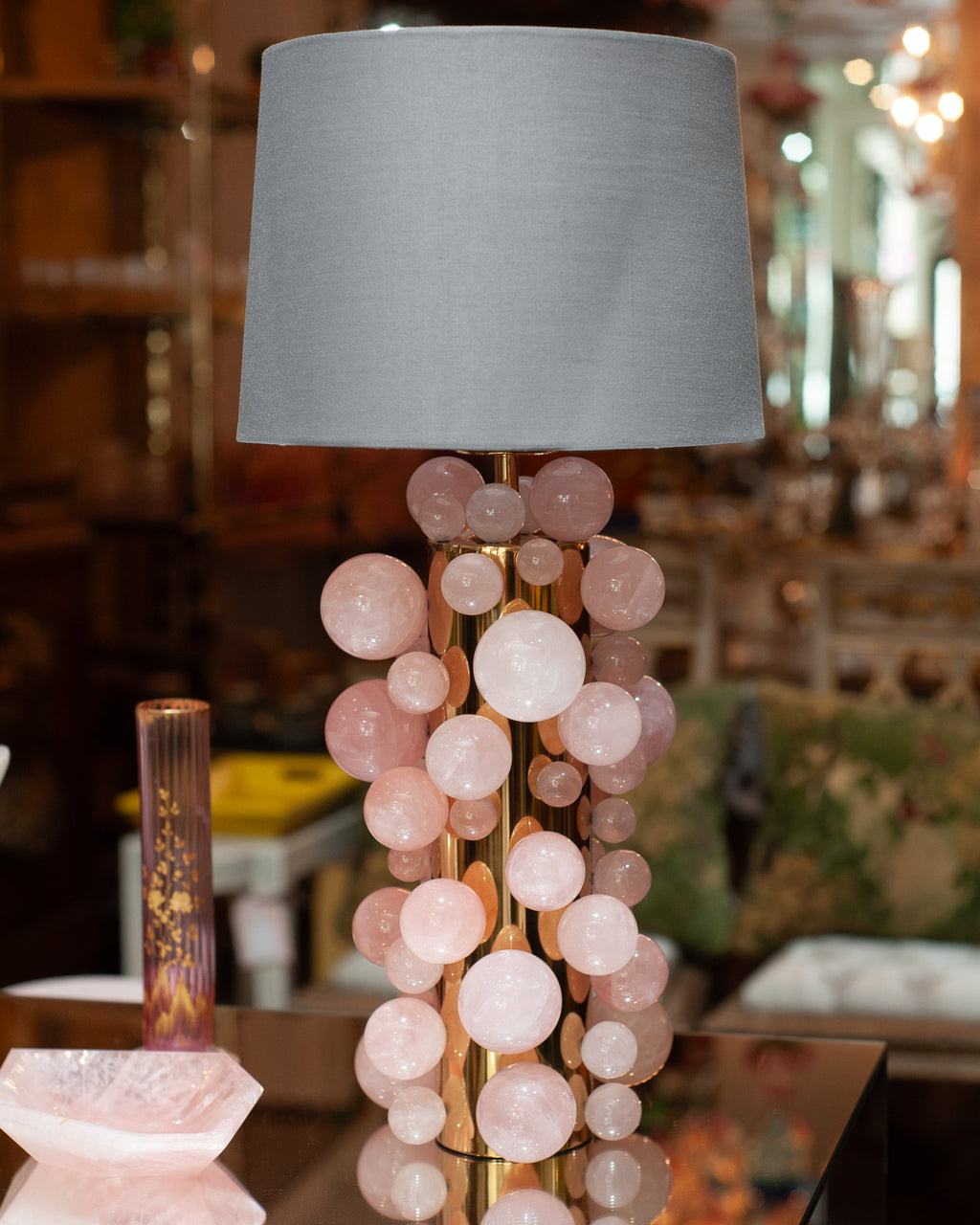 CONTEMPORARY PAIR OF ROSE QUARTZ SPHERE LAMPS WITH GREY SILK SHADES
