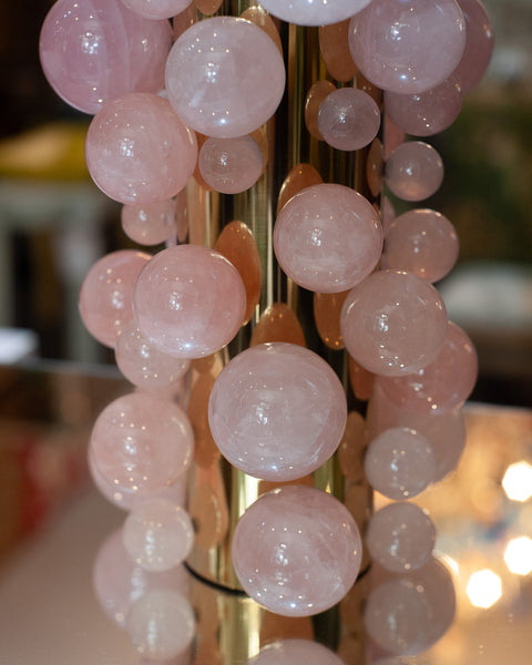 CONTEMPORARY PAIR OF ROSE QUARTZ SPHERE LAMPS WITH GREY SILK SHADES