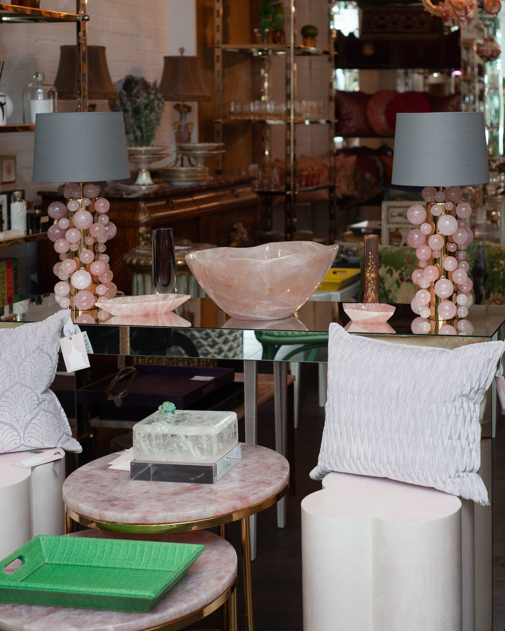 CONTEMPORARY PAIR OF ROSE QUARTZ SPHERE LAMPS WITH GREY SILK SHADES