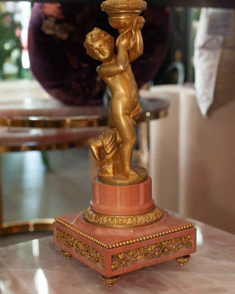 ANTIQUE PAIR OF FRENCH NAPOLEON III BRONZE AND MARBLE CANDELABRA LAMPS