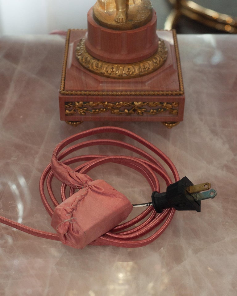 ANTIQUE PAIR OF FRENCH NAPOLEON III BRONZE AND MARBLE CANDELABRA LAMPS