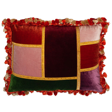 STUDIO MAISON NURITA PATCHWORK SILK VELVET PILLOW WITH GIMP AND TASSEL TRIM