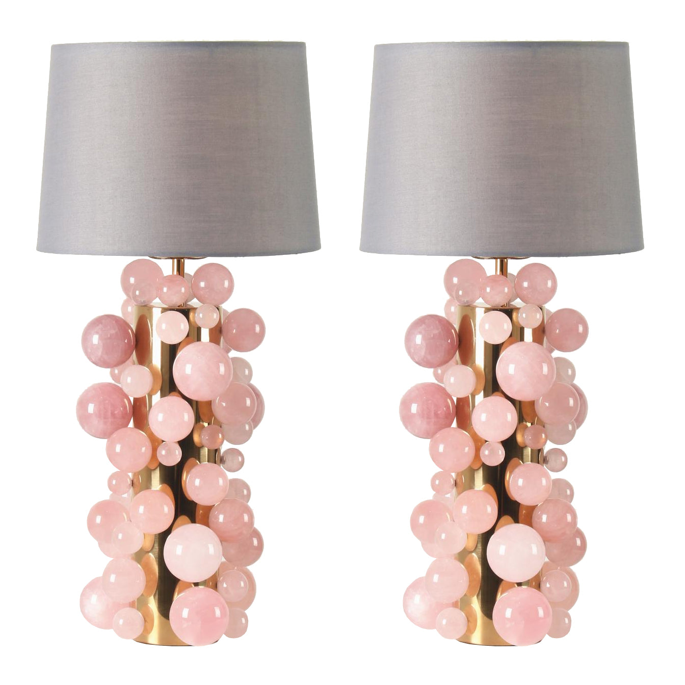 CONTEMPORARY PAIR OF ROSE QUARTZ SPHERE LAMPS WITH GREY SILK SHADES