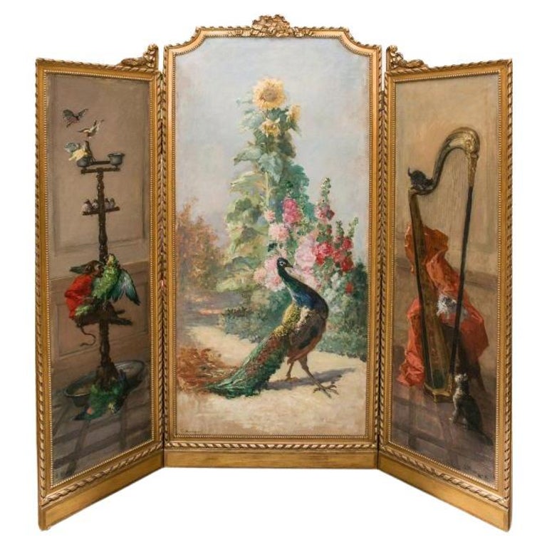 ANTIQUE PAINTED TRIPTYCH SCREEN BY CHARLES MONGINOT (1825-1900)