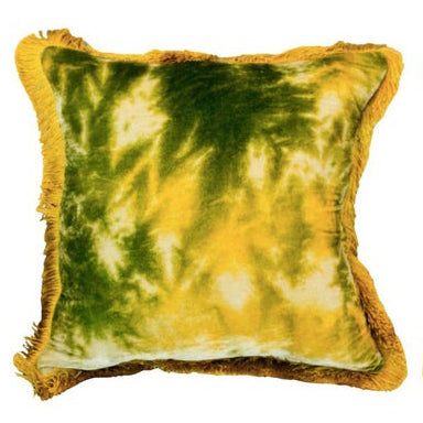 YELLOW GREEN SILK VELVET PILLOW WITH GOLDEN FRINGE