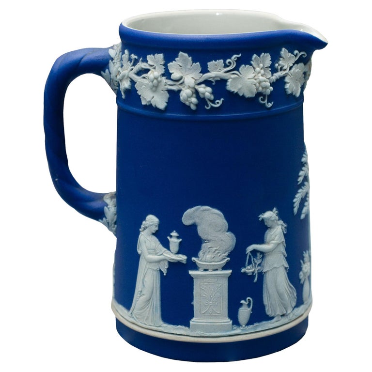 MID CENTURY PORTLAND BLUE WEDGWOOD JASPERWARE PITCHER WITH WHITE OVERLAY