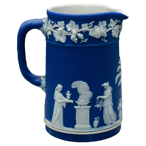 MID CENTURY PORTLAND BLUE WEDGWOOD JASPERWARE PITCHER WITH WHITE OVERLAY