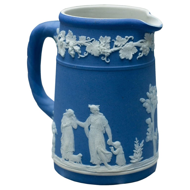MID CENTURY PORTLAND BLUE WEDGWOOD JASPERWARE PITCHER WITH WHITE OVERLAY