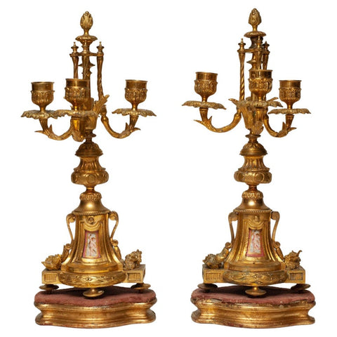 ANTIQUE PAIR OF PINK PORCELAIN AND BRONZE CANDLESTICKS WITH GILT WOOD BASE