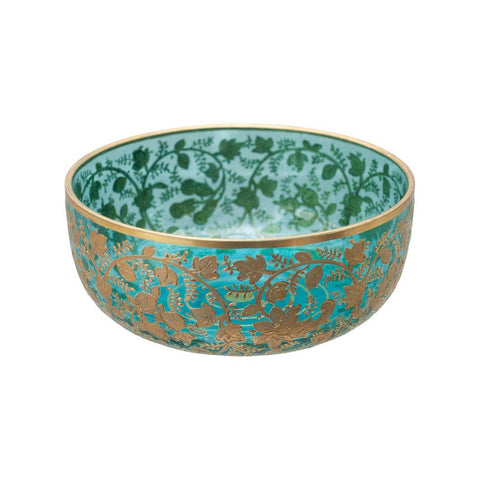 ANTIQUE MOSER TURQUOISE CRYSTAL BOWL WITH HEAVY FLORAL GILDING