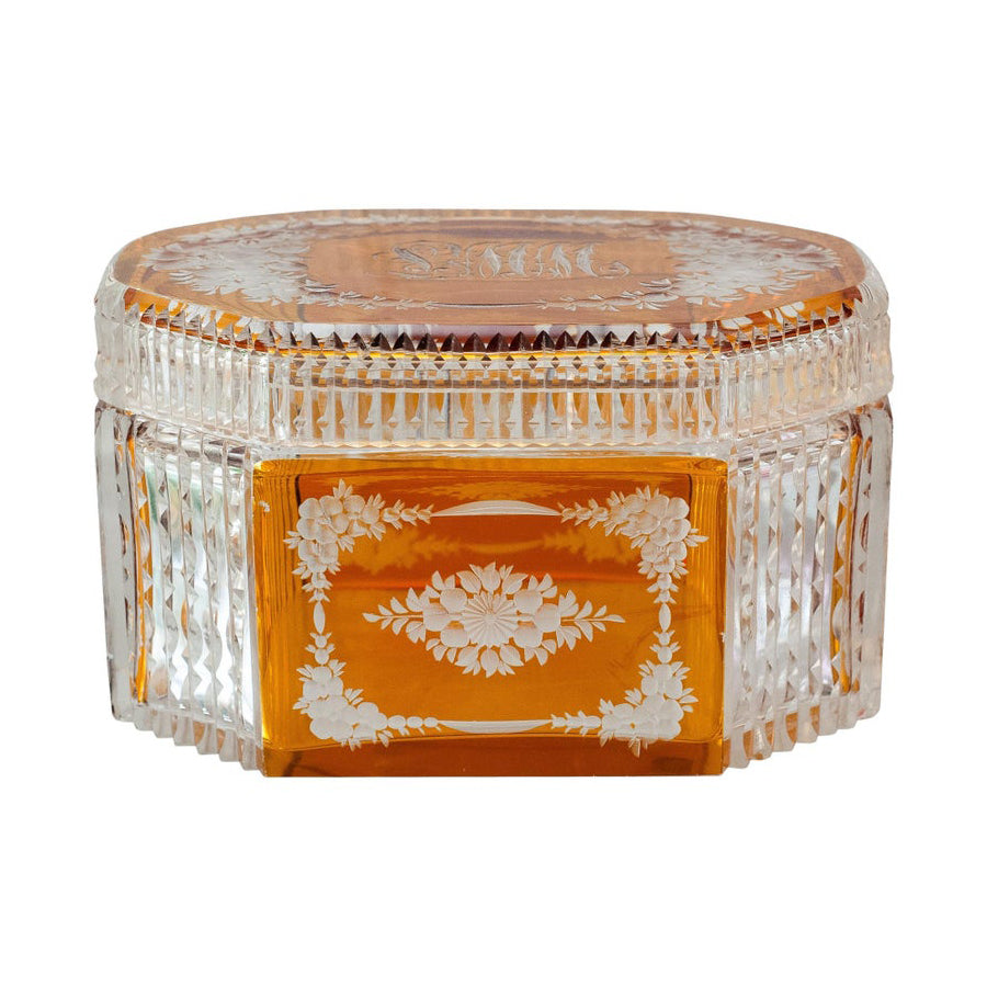 ANTIQUE AMBER ORANGE BOHEMIAN CUT CRYSTAL BOX WITH LID