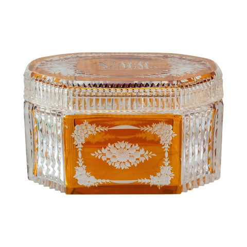 ANTIQUE AMBER ORANGE BOHEMIAN CUT CRYSTAL BOX WITH LID