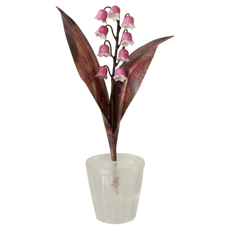 PORCELAIN PINK LILY OF THE VALLEY IN A ROCK CRYSTAL POT