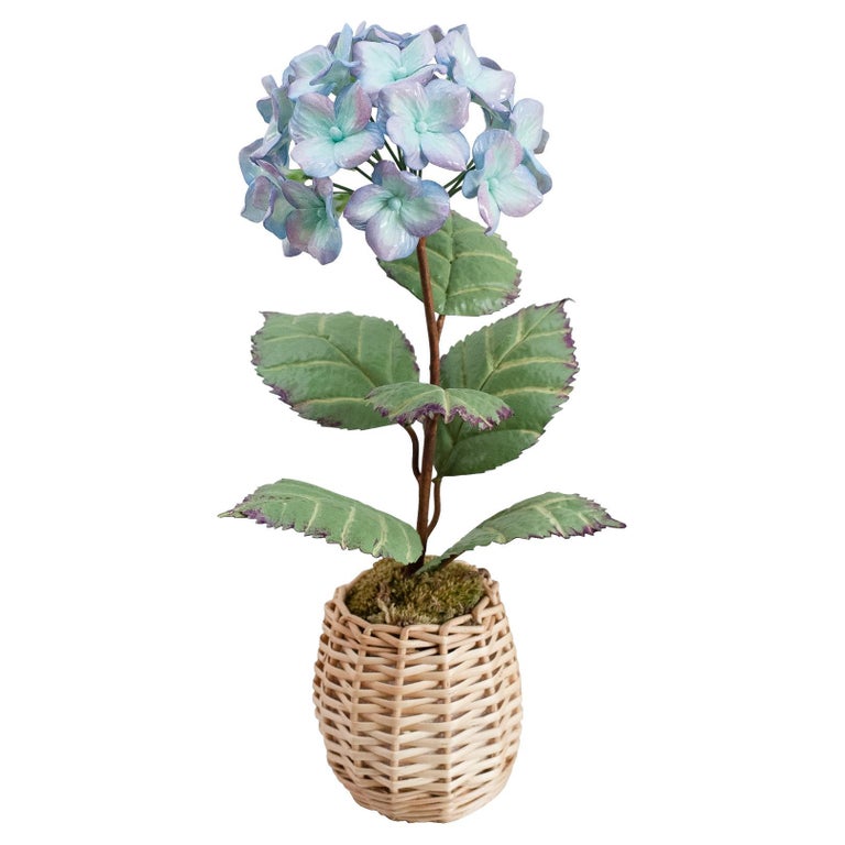 PORCELAIN GLAZED PURPLE AND BLUE HYDRANGEA IN A WICKER POT