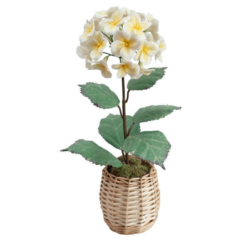 PORCELAIN GLAZED YELLOW HYDRANGEA IN A WICKER POT