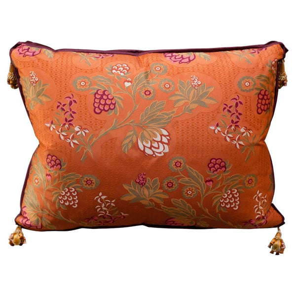 STUDIO MAISON NURITA RED-ORANGE SILK BROCADE PILLOW WITH ORNATE FLORAL EMBROIDERY