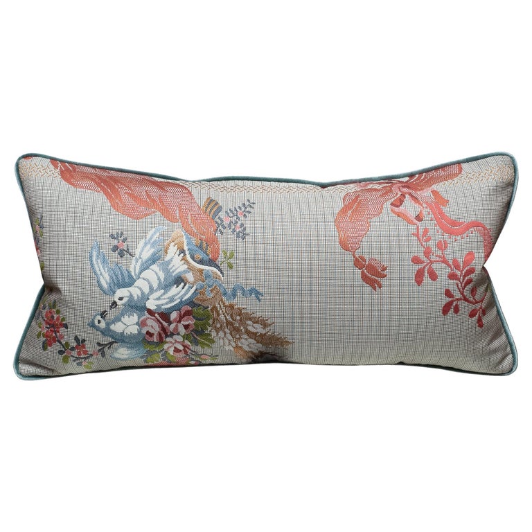 STUDIO MAISON NURITA DOCUMENT PRINT BROCADE WITH BLUEBIRDS & SILK VELVET PILLOW