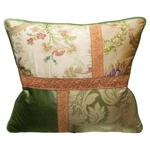 STUDIO MAISON NURITA FLORAL AND PATCHWORK SILK VELVET PILLOW WITH METALLIC TRIMS