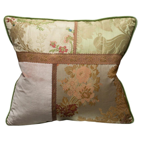 STUDIO MAISON NURITA FLORAL AND PATCHWORK SILK VELVET PILLOW WITH METALLIC TRIMS