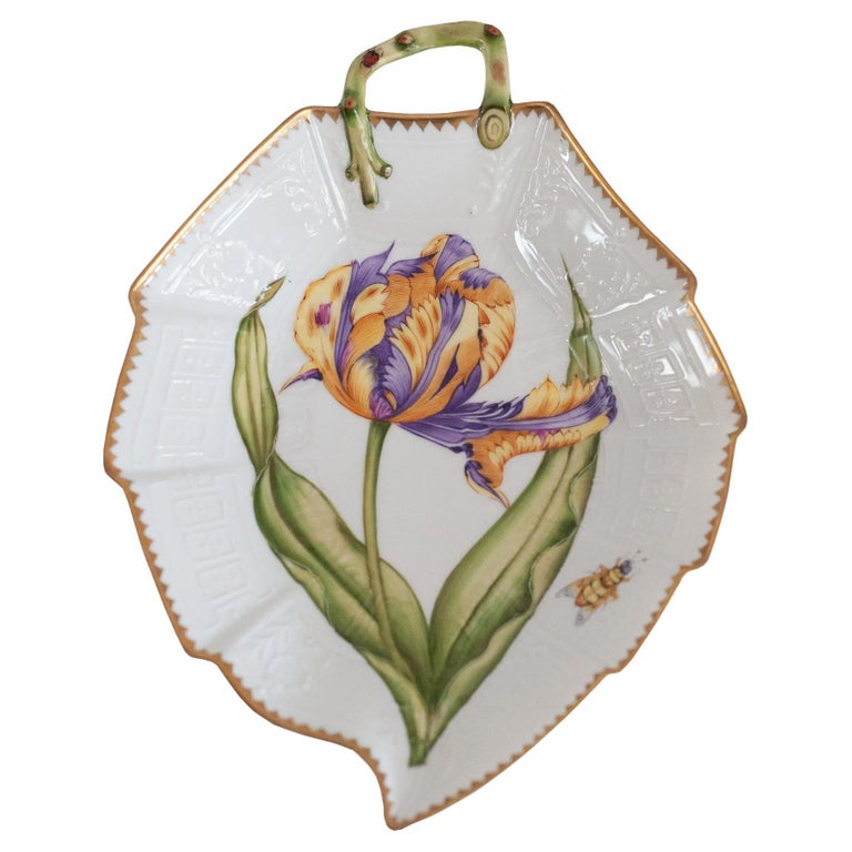 LEAF SHAPED DISH HANDPAINTED WITH PURPLE & YELLOW FLOWERS