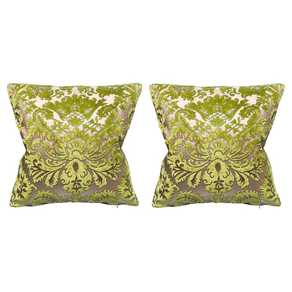 PAIR OF FORTUNY CHARTREUSE GREEN AND GOLD SILK VELVET PILLOWS