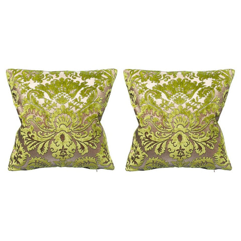 PAIR OF FORTUNY CHARTREUSE GREEN AND GOLD SILK VELVET PILLOWS