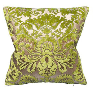 PAIR OF FORTUNY CHARTREUSE GREEN AND GOLD SILK VELVET PILLOWS