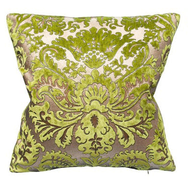 PAIR OF FORTUNY CHARTREUSE GREEN AND GOLD SILK VELVET PILLOWS