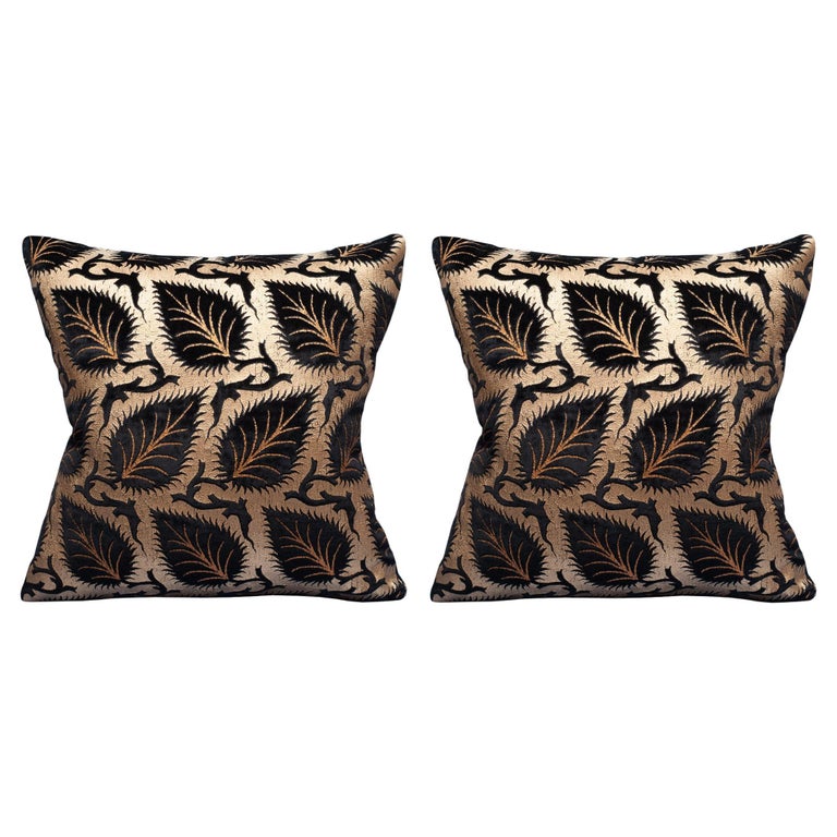 PAIR OF BLACK AND GOLD VENETIA STUDIUM SILK VELVET PILLOWS