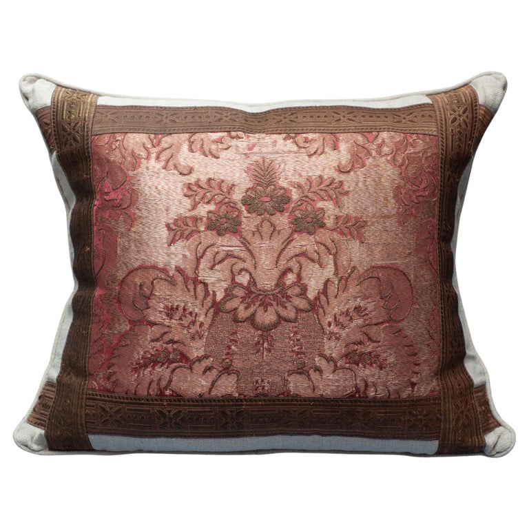 BEIGE LINEN PILLOW WITH RED ANTIQUE EMBROIDERED TEXTILE PANEL