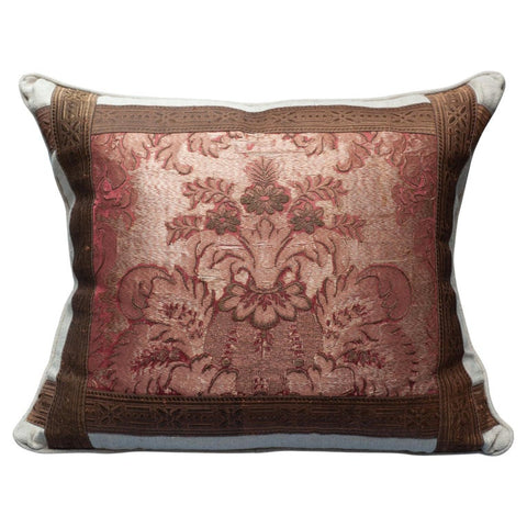 BEIGE LINEN PILLOW WITH RED ANTIQUE EMBROIDERED TEXTILE PANEL