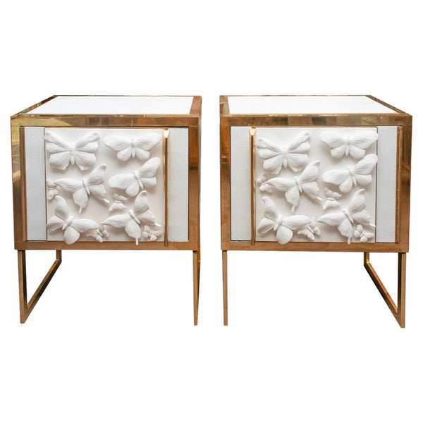 CONTEMPORARY PAIR OF GLASS AND BRASS NIGHTSTANDS WITH MID CENTURY BUTTERFLY PORCELAIN PANELS