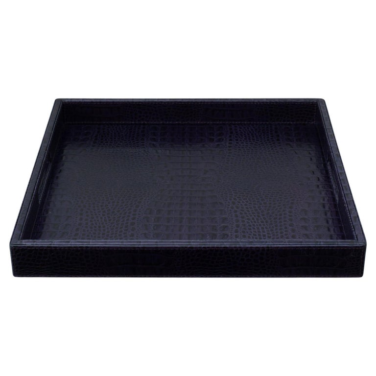 CONTEMPORARY DEEP PURPLE CROCODILE EMBOSSED LEATHER LARGE SQUARE TRAY