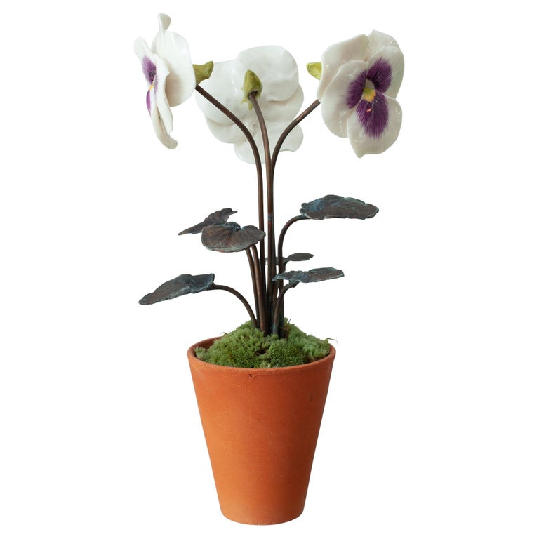 PORCELAIN PURPLE AND WHITE THREE STEM PANSY IN TERRACOTTA POT