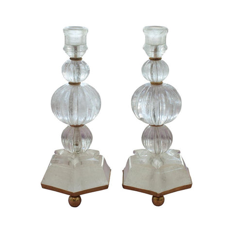 CONTEMPORARY PAIR CLEAR ROCK CRYSTAL QUARTZ CANDLESTICKS WITH STAR MOTIF