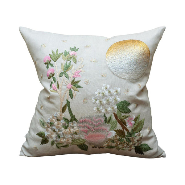 CONTEMPORARY LARGE EMBROIDERED PILLOW WITH MOON AND FLORAL MOTIFS ON LINEN