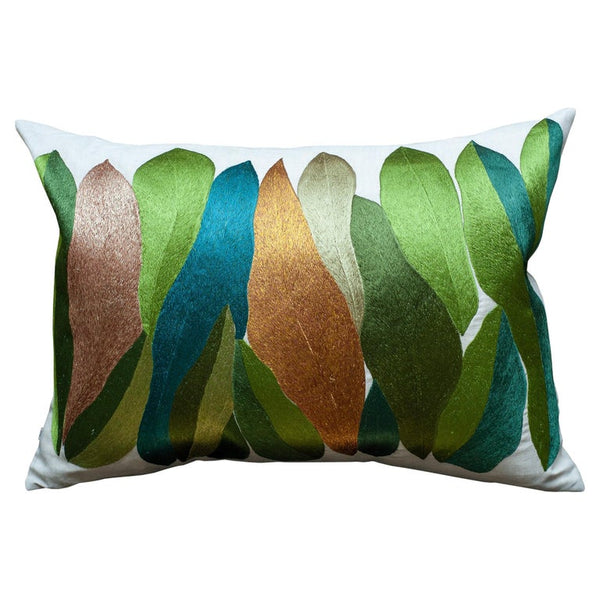 CONTEMPORARY LARGE EMBROIDERED PILLOW WITH GREEN AND GOLD LEAVES ON LINEN