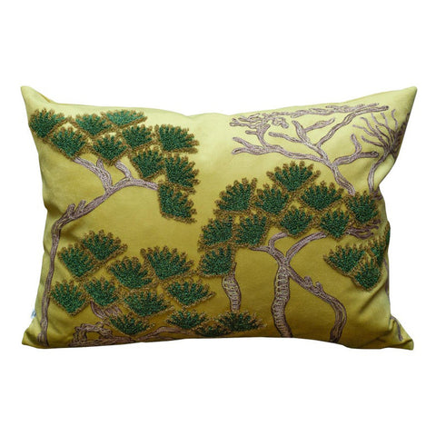 CONTEMPORARY EMBROIDERED PILLOW ON YELLOW GREEN ULTRASUEDE WITH PINE TREES