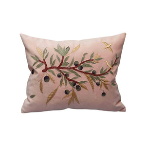 CONTEMPORARY EMBROIDERED PILLOW ON SOFT PINK ULTRASUEDE WITH DOVE & OLIVE BRANCH