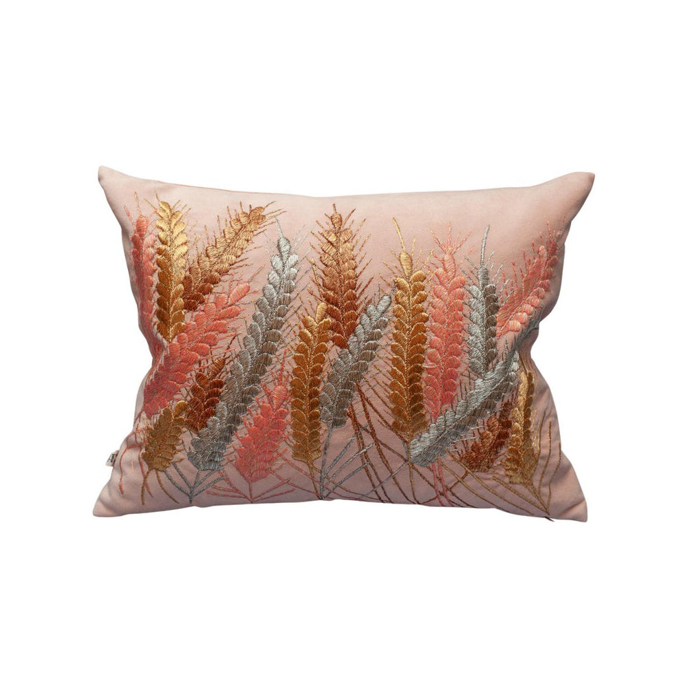 A CONTEMPORARY EMBROIDERED PILLOW ON SOFT PINK ULTRASUEDE WITH METALLIC WHEAT